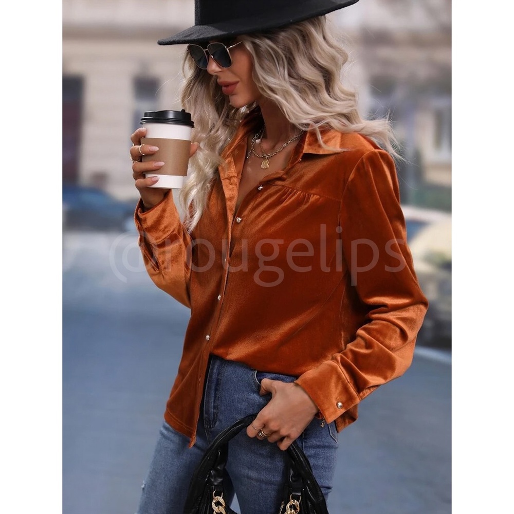 Velvet Rust Brown / Orange Casual Button Up / Down Shirt Collar, V-Neck - Picture 4 of 9